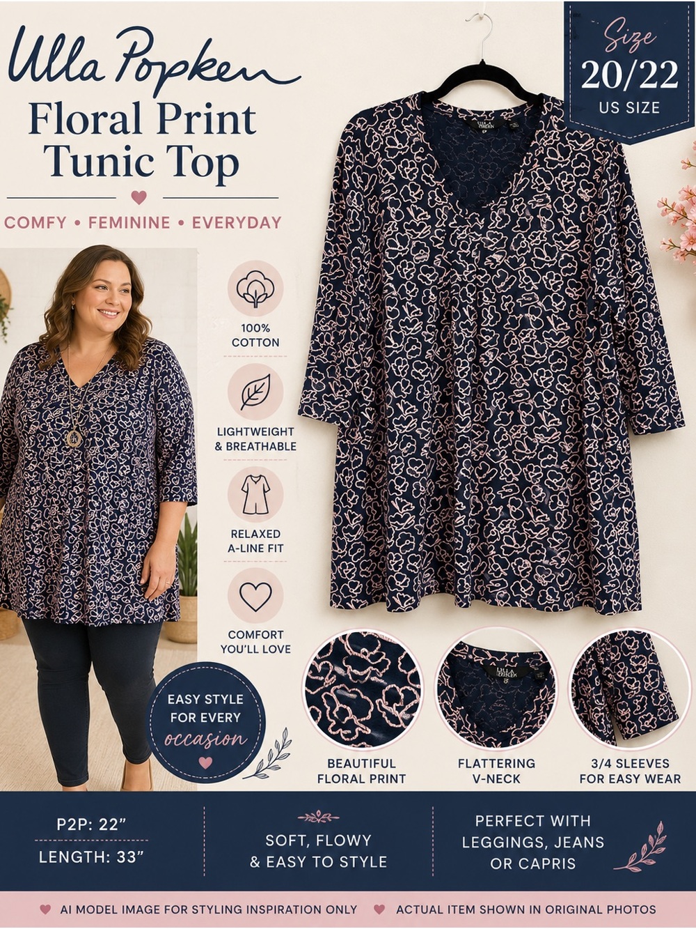 Ulla Popken Floral Print Tunic Top Plus Size 20/22 Navy Pink A-Line